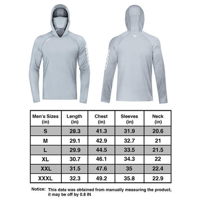 RODEEL 936 Sun Hoodie Shirt W/ UV Detection Mask Neck Gaiter Thumbhole Men UPF 100+ Sun Protection Raglan Long Sleeve Lightweight Quick Dry Moisture Wicking Breathable Cooling Athletic Activewear for Outdoor Hiking Fishing Construction Roofing Landscaping