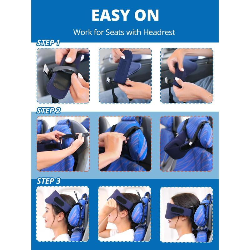 Airplane Head Strap 3D Eye Mask Travel Pillow Alternative for Long Flight 360° Support Sleep Hold Stop Bobblehead Ultra-Compact Lightweight Black