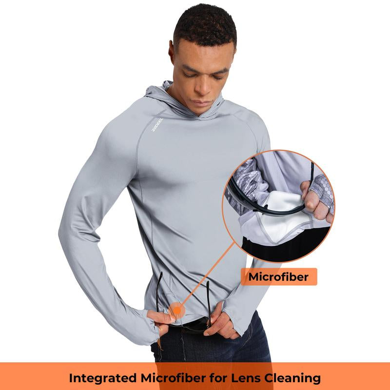 RODEEL 936 Sun Hoodie Shirt W/ UV Detection Mask Neck Gaiter Thumbhole Men UPF 100+ Sun Protection Raglan Long Sleeve Lightweight Quick Dry Moisture Wicking Breathable Cooling Athletic Activewear for Outdoor Hiking Fishing Construction Roofing Landscaping