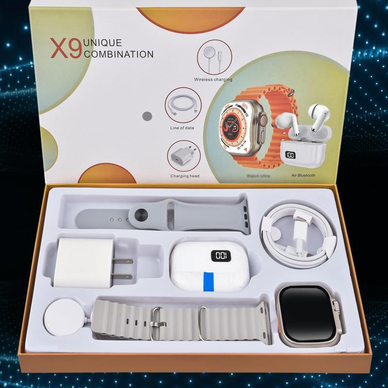 6-In-1 Smartwatch Kit: Smartwatch, Bluetooth Headphones, 20W Fast Charger, Type-C Fast-Charging Cable, Adapter, and Audio Support—Compact and Portable. Headphone Device.
