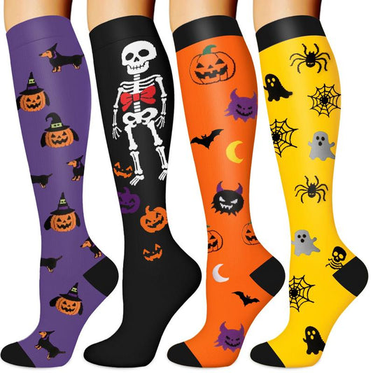 Tinylemon 4 Pairs Halloween Compression Socks for Women Men Best for Running Athletic Nursing Activities Enhance Circulation Support