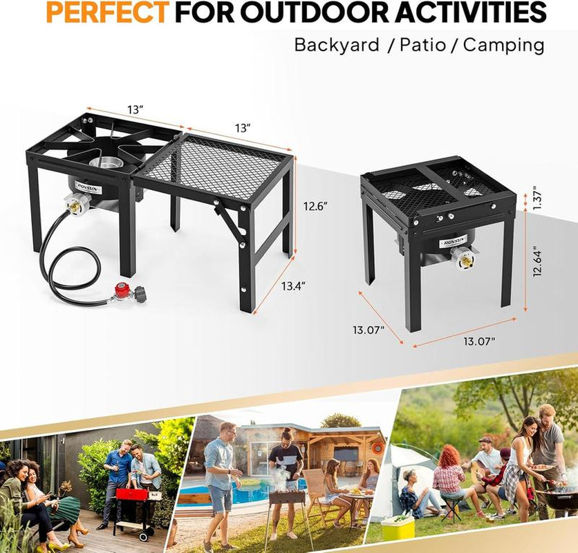 ROVSUN 100,000 BTU Propane Stove with Foldable Side Shelf, Single Burner Gas Stove for Outdoor Cooking with Regulator, Perfect for Camping, Tailgating, Turkey Frying, Seafood Boiling & Home Brewing