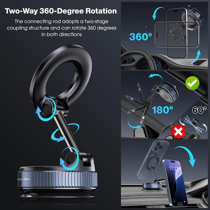 360 Magnetic Phone Holder Car, Foldable and Retractable Hands-Free Suction Cup Phone Mount for Car/Gym/Mirror/Smooth Surface, Compatible with Iphone 15/16/17 Promax