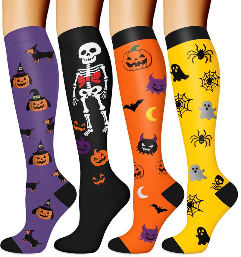 Tinylemon 4 Pairs Halloween Compression Socks for Women Men Best for Running Athletic Nursing Activities Enhance Circulation Support