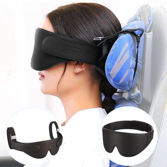 Airplane Head Strap 3D Eye Mask Travel Pillow Alternative for Long Flight 360° Support Sleep Hold Stop Bobblehead Ultra-Compact Lightweight Black