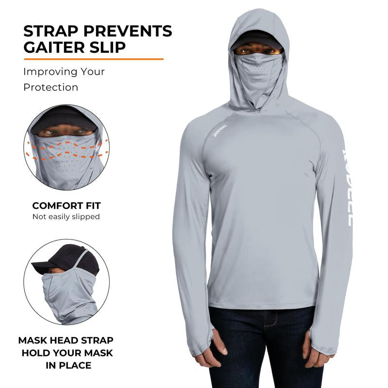 RODEEL 936 Sun Hoodie Shirt W/ UV Detection Mask Neck Gaiter Thumbhole Men UPF 100+ Sun Protection Raglan Long Sleeve Lightweight Quick Dry Moisture Wicking Breathable Cooling Athletic Activewear for Outdoor Hiking Fishing Construction Roofing Landscaping