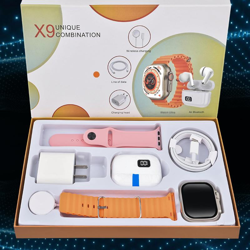 6-In-1 Smartwatch Kit: Smartwatch, Bluetooth Headphones, 20W Fast Charger, Type-C Fast-Charging Cable, Adapter, and Audio Support—Compact and Portable. Headphone Device.