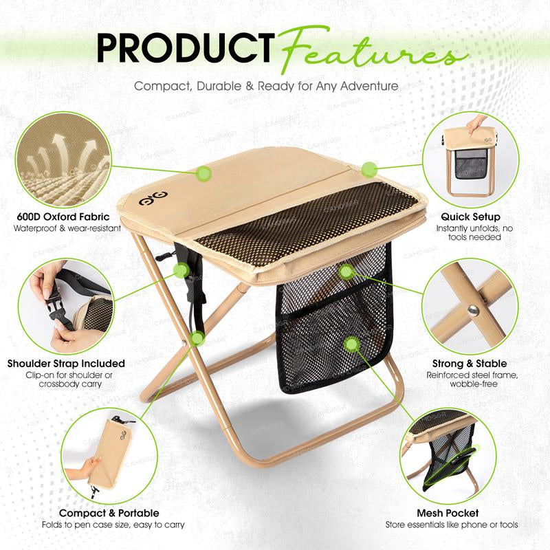 Camdoor Upgraded Foldable Stool Ultra Light 1.5 Lbs Max Load 500Lbs Portable Outdoor Chair with Side Pockets & Shoulder Strap for Camping Hiking Fishing BBQ