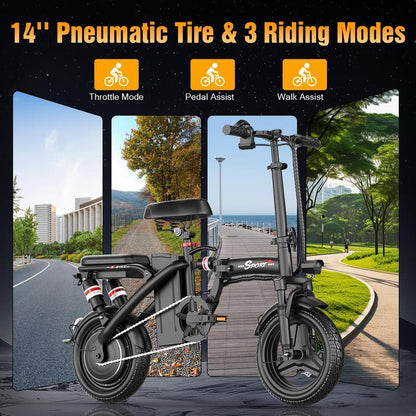 【Get It for $100 Less than Amazon!】Azhar Z8 BIKE | Peak 1200W | 25MPH | 14" Pneumatic Tires | 22-40 Mile Range L Rear Disc Brake L Foldable L Two Seats