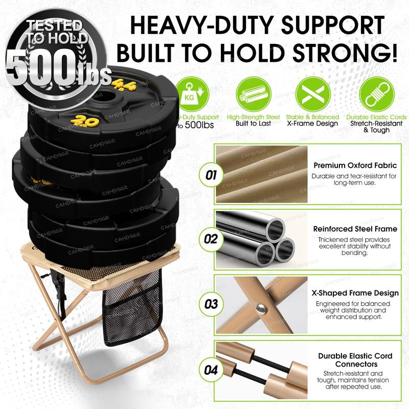 Camdoor Upgraded Foldable Stool Ultra Light 1.5 Lbs Max Load 500Lbs Portable Outdoor Chair with Side Pockets & Shoulder Strap for Camping Hiking Fishing BBQ