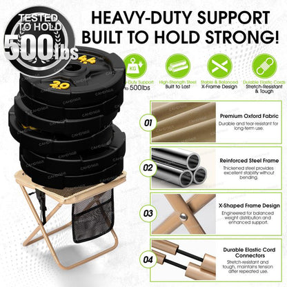 Camdoor Upgraded Foldable Stool Ultra Light 1.5 Lbs Max Load 500Lbs Portable Outdoor Chair with Side Pockets & Shoulder Strap for Camping Hiking Fishing BBQ