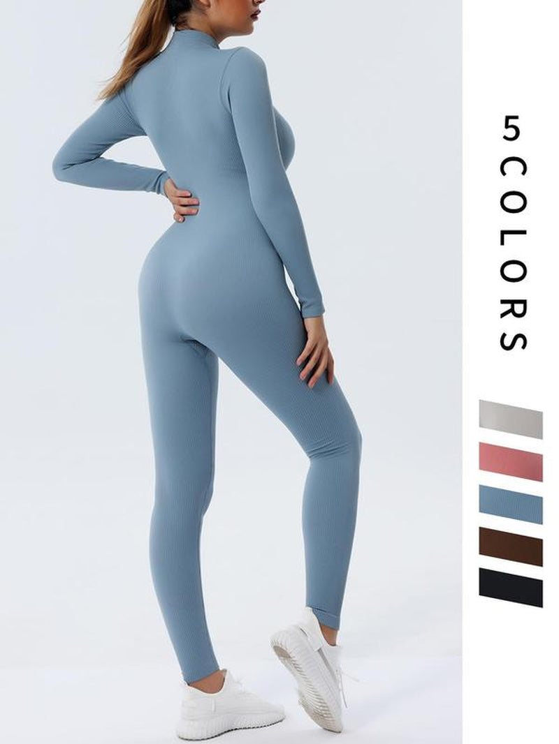 Women'S Solid Zip up Mock Neck Sports Jumpsuit, Sporty Long Sleeve Jumpsuit for Yoga Gym Workout, Ladies Sportswear for All Seasons