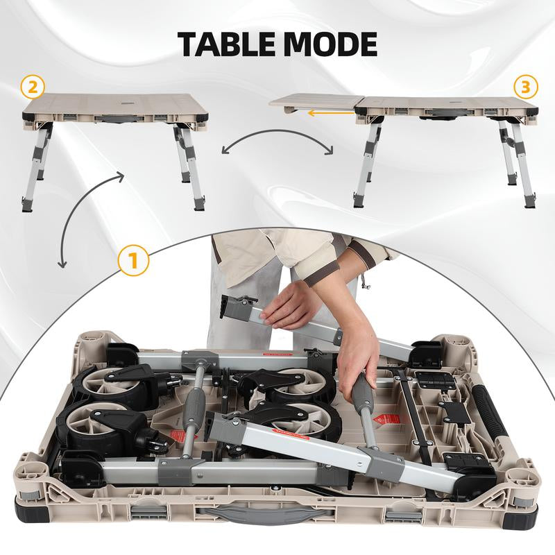 10-In-1 Folding Utility Cart，Portable Camping Table，Multifunctional Outdoor and Indoor Organizer Boxes，Adjustable Folding Trolley，With 2 Crates & 360 Swivel Wheels，For Teachers,Shopping,Warehouse,Office,Beach, Picnic, Camping and Cosmetic Storage