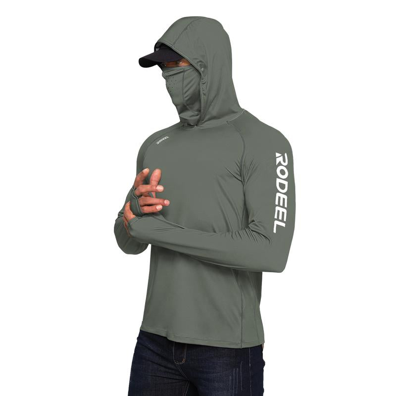 RODEEL 936 Sun Hoodie Shirt W/ UV Detection Mask Neck Gaiter Thumbhole Men UPF 100+ Sun Protection Raglan Long Sleeve Lightweight Quick Dry Moisture Wicking Breathable Cooling Athletic Activewear for Outdoor Hiking Fishing Construction Roofing Landscaping