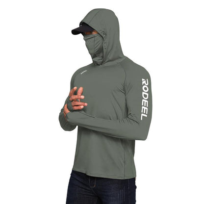 RODEEL 936 Sun Hoodie Shirt W/ UV Detection Mask Neck Gaiter Thumbhole Men UPF 100+ Sun Protection Raglan Long Sleeve Lightweight Quick Dry Moisture Wicking Breathable Cooling Athletic Activewear for Outdoor Hiking Fishing Construction Roofing Landscaping