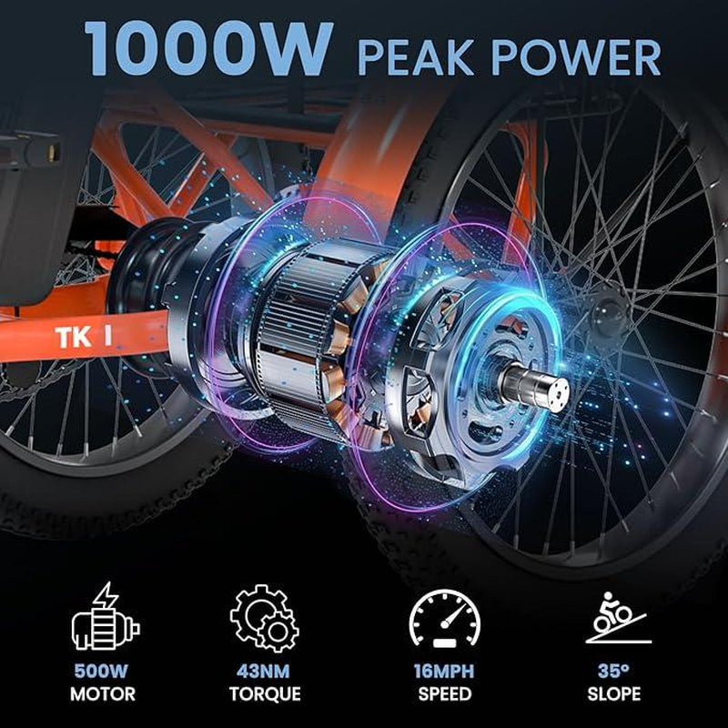 Mooncool 500W TK1 Folding Electric Trike for Adults,1000W Peak Power 16 MPH 70 Miles 3 Wheels Electric Bicycle，48V*14.5 Ah UL 2849 Removable Battery,Ebike
