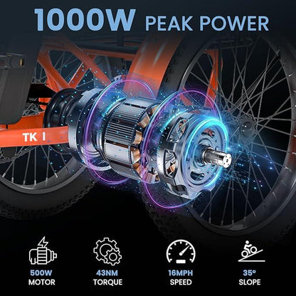 Mooncool 500W TK1 Folding Electric Trike for Adults,1000W Peak Power 16 MPH 70 Miles 3 Wheels Electric Bicycle，48V*14.5 Ah UL 2849 Removable Battery,Ebike