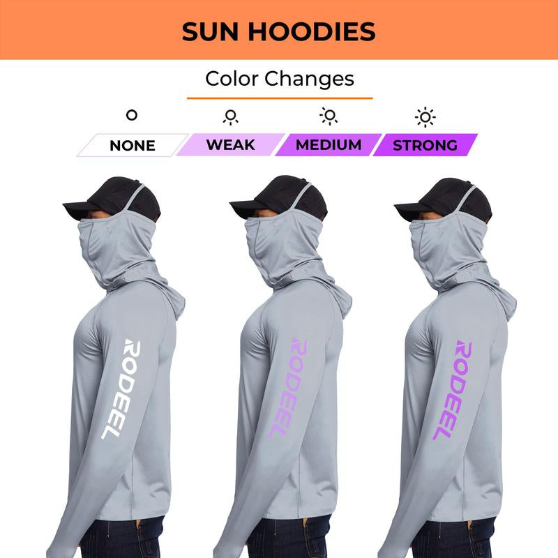 RODEEL 936 Sun Hoodie Shirt W/ UV Detection Mask Neck Gaiter Thumbhole Men UPF 100+ Sun Protection Raglan Long Sleeve Lightweight Quick Dry Moisture Wicking Breathable Cooling Athletic Activewear for Outdoor Hiking Fishing Construction Roofing Landscaping