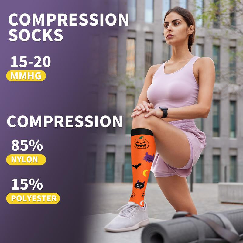 Tinylemon 4 Pairs Halloween Compression Socks for Women Men Best for Running Athletic Nursing Activities Enhance Circulation Support
