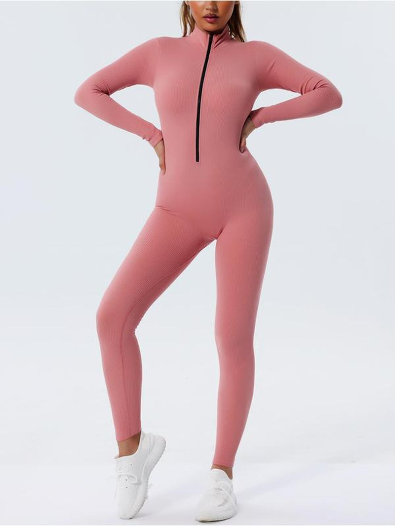 Women'S Solid Zip up Mock Neck Sports Jumpsuit, Sporty Long Sleeve Jumpsuit for Yoga Gym Workout, Ladies Sportswear for All Seasons