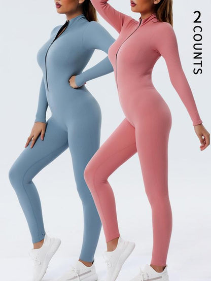 Women'S Solid Zip up Mock Neck Sports Jumpsuit, Sporty Long Sleeve Jumpsuit for Yoga Gym Workout, Ladies Sportswear for All Seasons