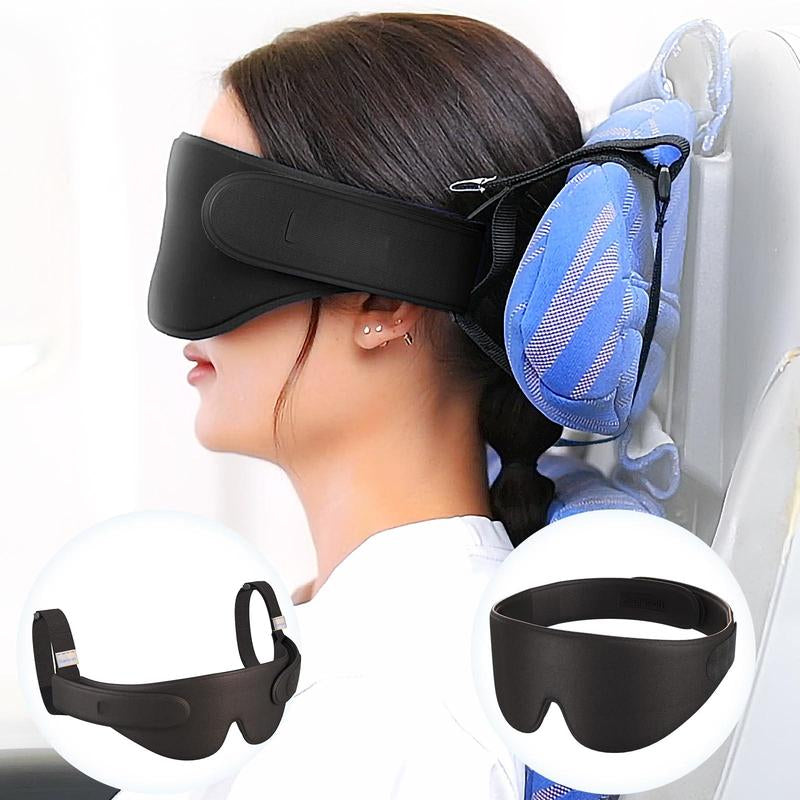 Airplane Head Strap 3D Eye Mask Travel Pillow Alternative for Long Flight 360° Support Sleep Hold Stop Bobblehead Ultra-Compact Lightweight Black
